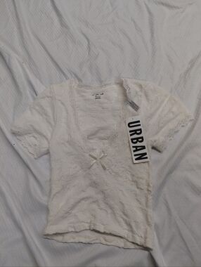 Urban Outfitters White Lace Short Sleeve Top with Bow